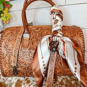 Hand-Tooled Floral Leather Large Speedy Bag in Cognac Brown with accessories